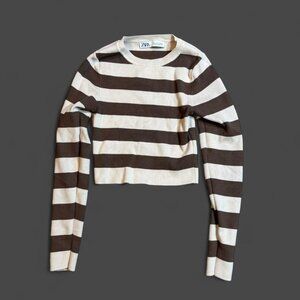 Zara brown + cream striped cropped sweater Size S #knitwear #striped